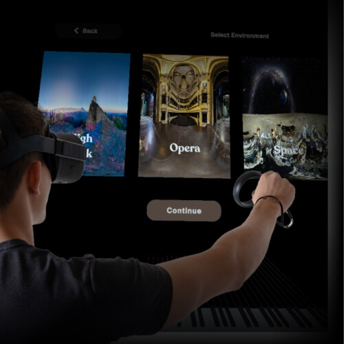 An image showing a person from behind, wearing a VR headset and reaching out to select an environment for a virtual reality experience. On the screen, there are three options: a lush park, an opulent opera house, and the vast expanse of space. This selection screen is likely part of a VR game or application developed by a VR game development company, showcasing the immersive environments that users can explore. The 'Continue' button below suggests further interaction within the VR experience.